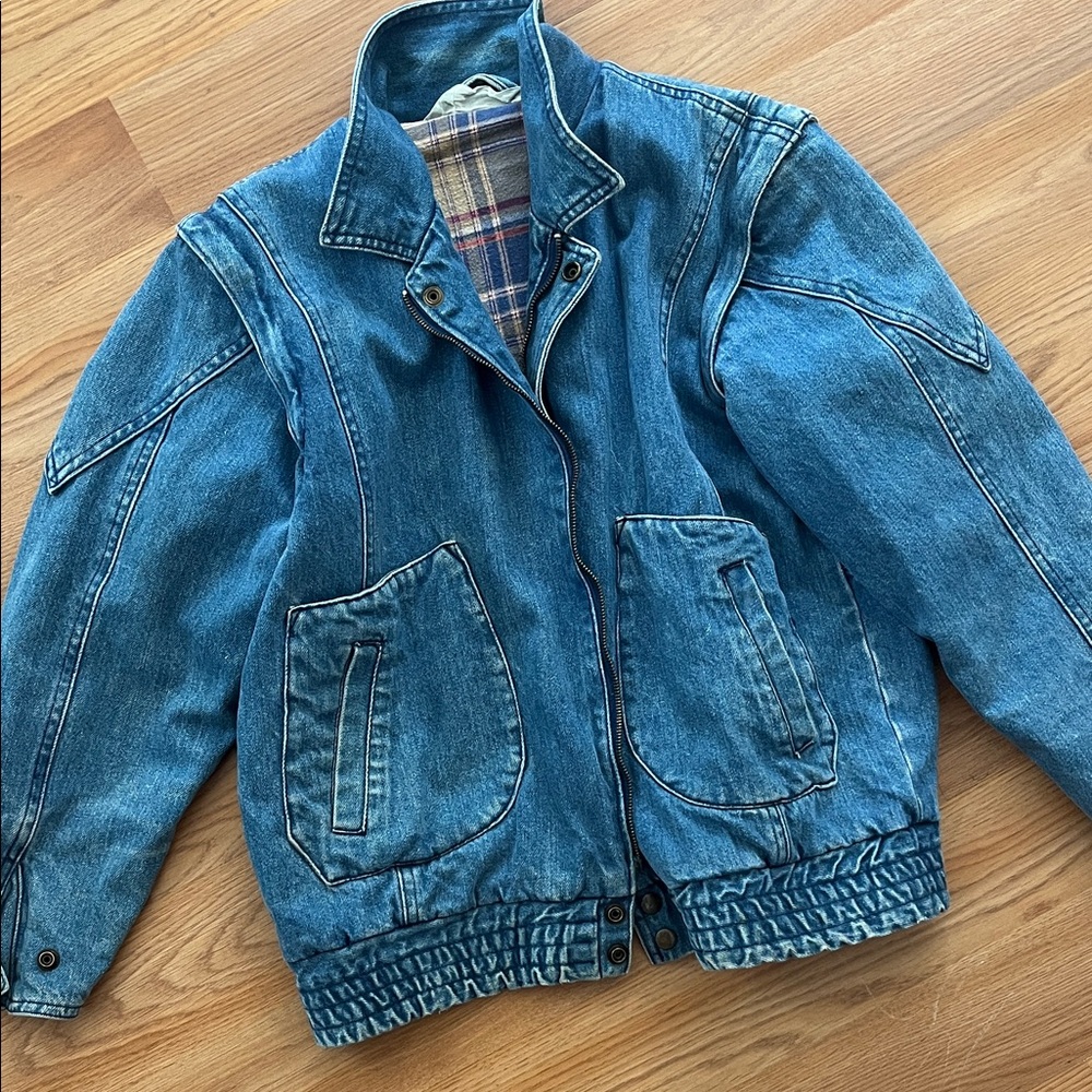 Express Blue Denim Jacket with Plaid Accents